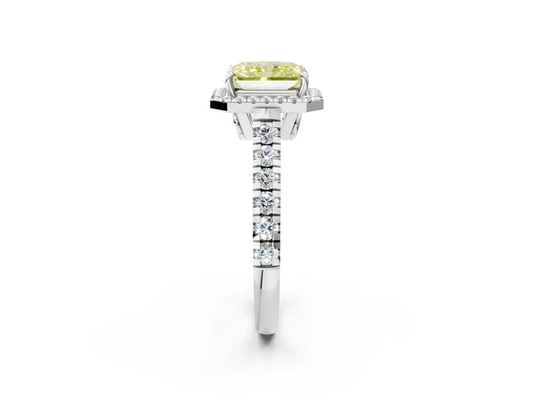 Platinum Fancy Yellow Radiant  Halo Pavé Diamond Engagement Ring with Four-Prong Setting