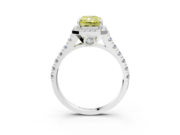 Platinum Fancy Yellow Radiant  Halo Pavé Diamond Engagement Ring with Four-Prong Setting