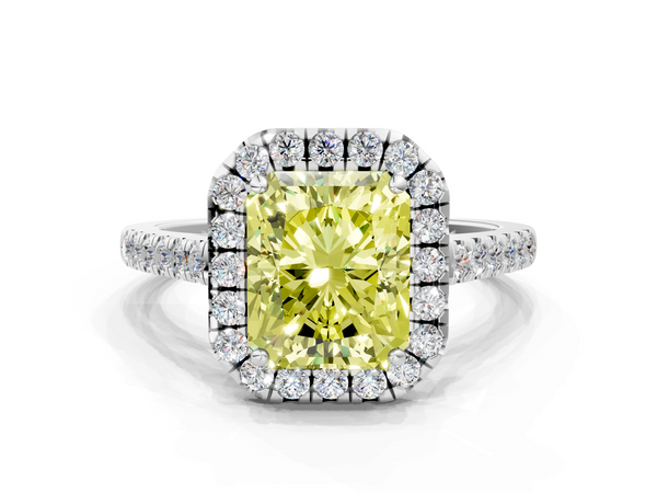 White gold Fancy Yellow Radiant  Halo Pavé Diamond Engagement Ring with Four-Prong Setting