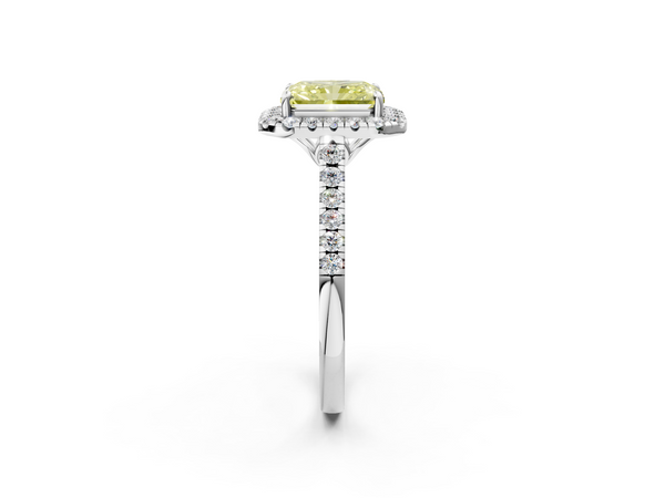 White gold Fancy Yellow Radiant  Halo Pavé Diamond Engagement Ring with Four-Prong Setting
