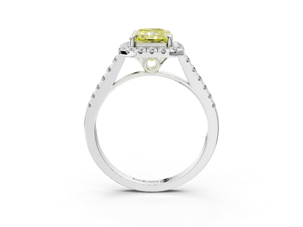 White gold Fancy Yellow Radiant  Halo Pavé Diamond Engagement Ring with Four-Prong Setting
