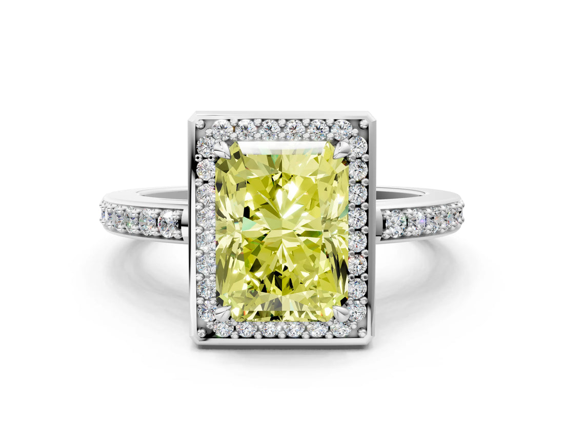 White gold Fancy Yellow Radiant  Halo Pave Band Solitaire Ring with Prong Setting_66