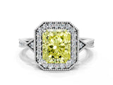 White gold Fancy Yellow Radiant  Halo Round Diamond Milgrain Pave Engagement Ring_3