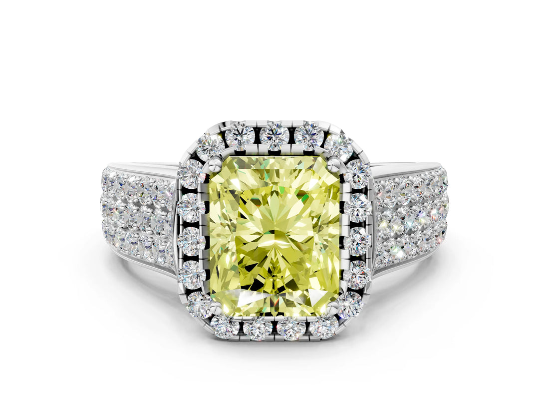 White gold Fancy Yellow Radiant  Halo Round Diamond Pave Band with Prong Setting_12