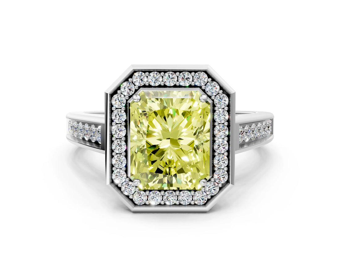 White gold Fancy Yellow Radiant  Halo Solitaire Diamond Ring with Pave Band and Bezel Setting_49