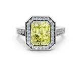 White gold Fancy Yellow Radiant  Halo Solitaire Diamond Ring with Pave Band and Bezel Setting_49