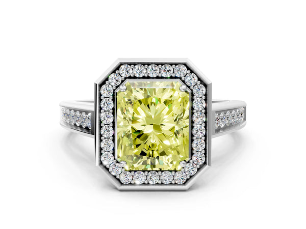 White gold Fancy Yellow Radiant  Halo Solitaire Diamond Ring with Pave Band and Bezel Setting