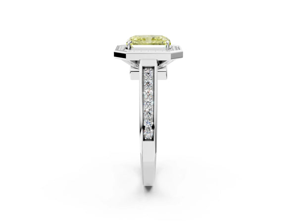 White gold Fancy Yellow Radiant  Halo Solitaire Diamond Ring with Pave Band and Bezel Setting