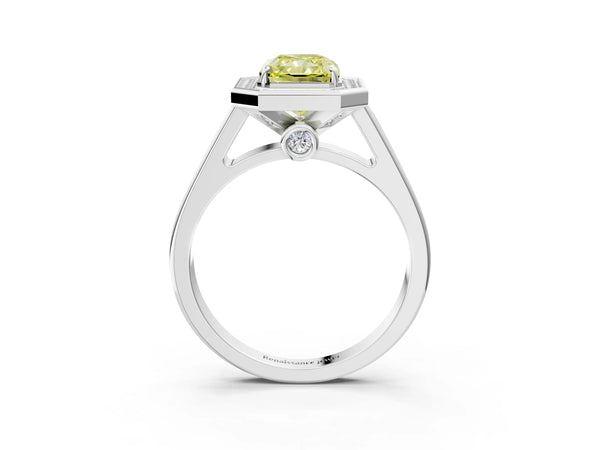 White gold Fancy Yellow Radiant  Halo Solitaire Diamond Ring with Pave Band and Bezel Setting