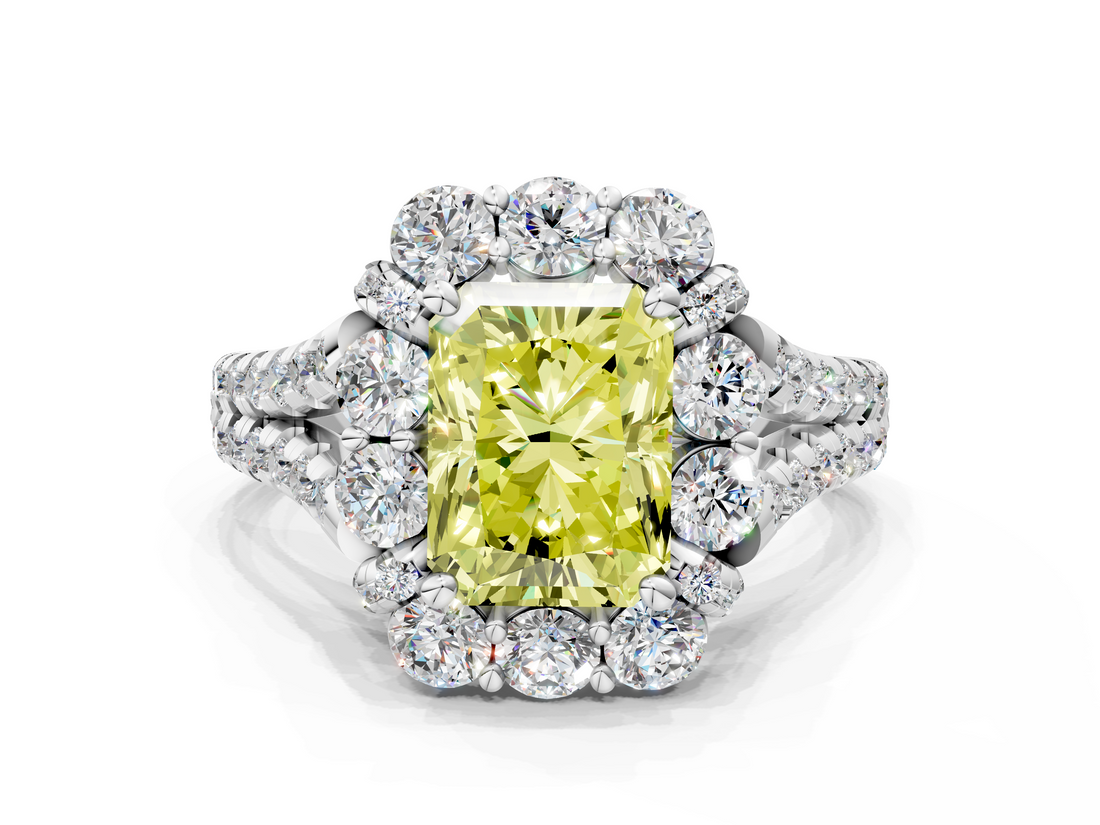White gold Fancy Yellow Radiant  Halo Split Shank Diamond Engagement Ring with Pave Band and Four-Prong Setting_54