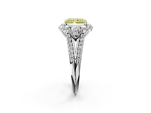White gold Fancy Yellow Radiant  Halo Split Shank Diamond Engagement Ring with Prong Setting
