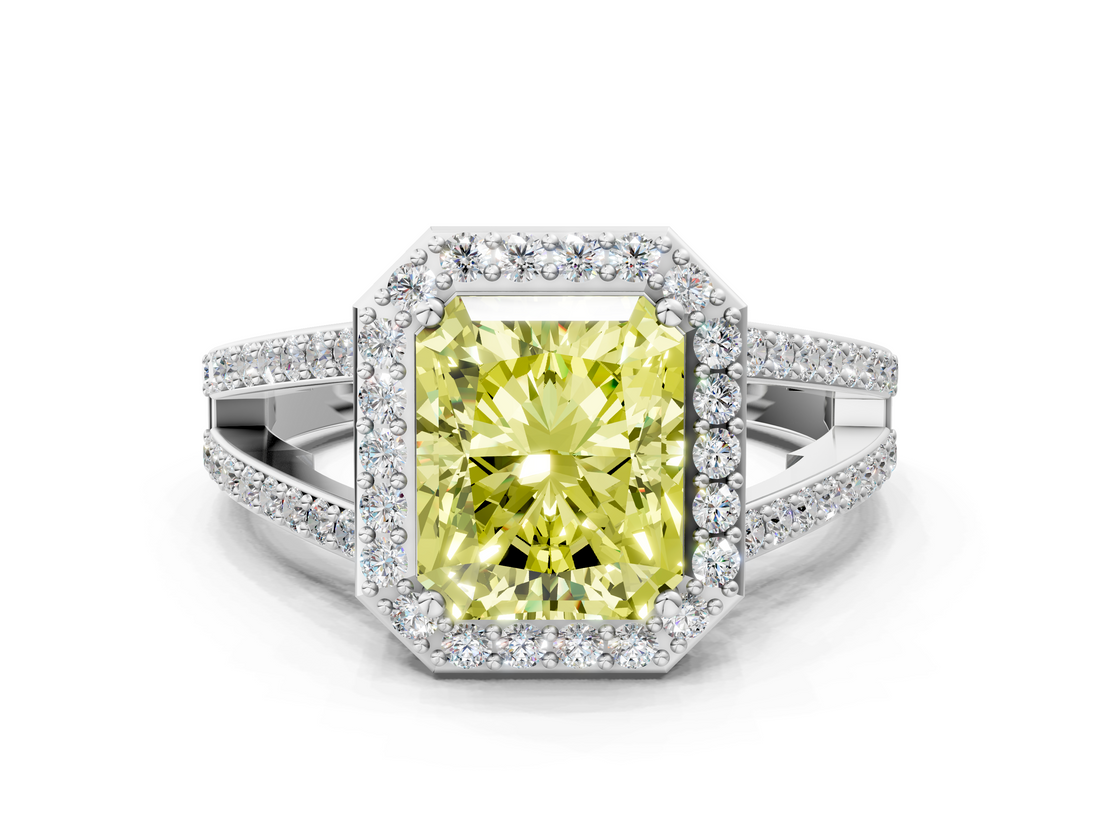 White gold Fancy Yellow Radiant  Halo Split Shank Diamond Ring with Four-Prong Setting_32