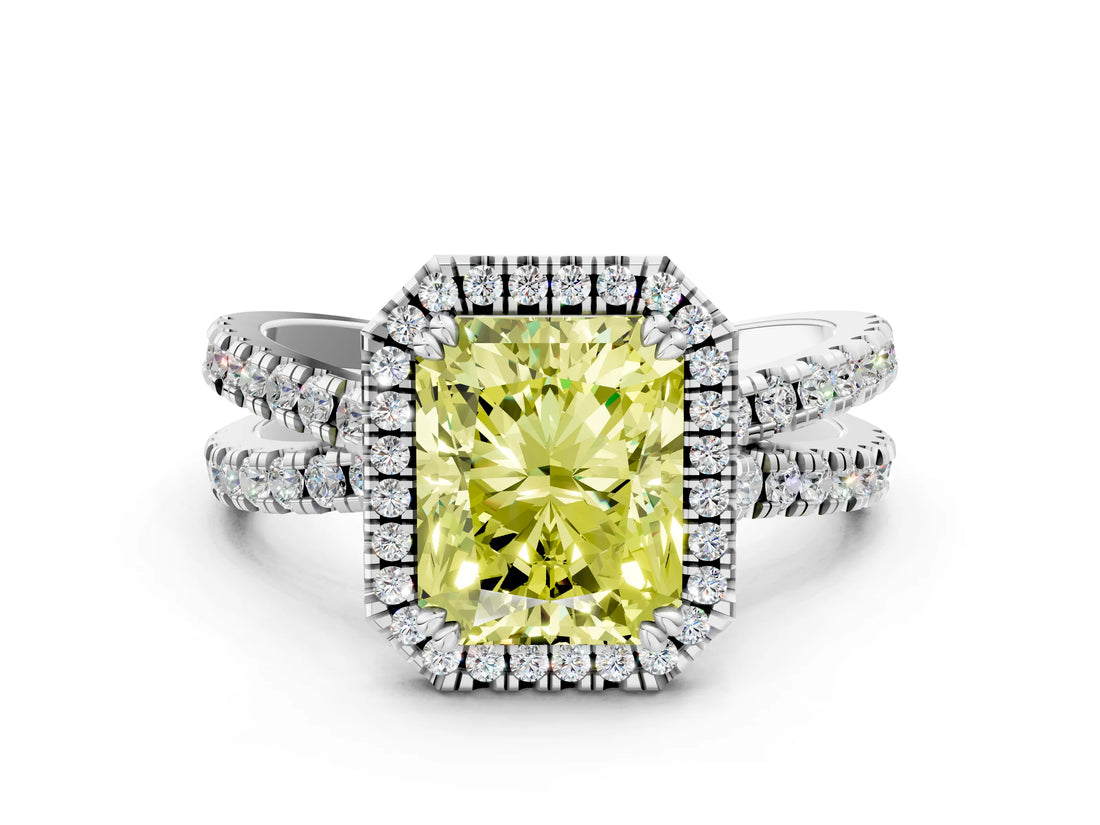 White gold Fancy Yellow Radiant  Halo Split Shank Diamond Ring with Pavé Setting_38
