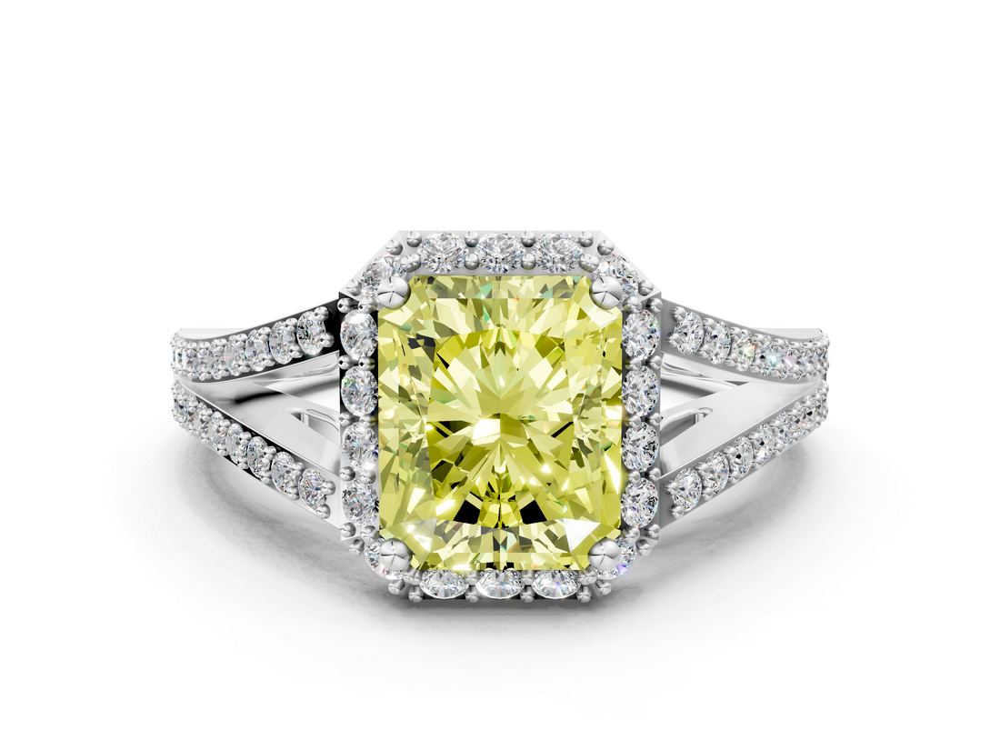 White gold Fancy Yellow Radiant  Halo Split Shank Diamond Ring with Prong Setting_20