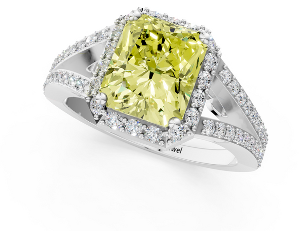White gold Fancy Yellow Radiant  Halo Split Shank Diamond Ring with Prong Setting