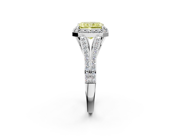White gold Fancy Yellow Radiant  Halo Split Shank Diamond Ring with Prong Setting