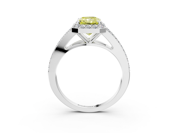 White gold Fancy Yellow Radiant  Halo Split Shank Diamond Ring with Prong Setting