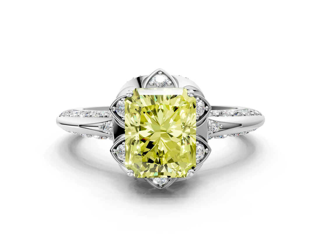 White gold Fancy Yellow Radiant  Halo Split Shank Pave Diamond Ring with Petal Prong Setting_31