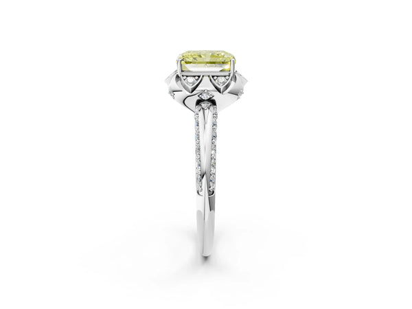 Platinum Fancy Yellow Radiant  Halo Split Shank Pave Diamond Ring with Petal Prong Setting