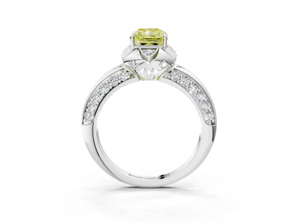Platinum Fancy Yellow Radiant  Halo Split Shank Pave Diamond Ring with Petal Prong Setting