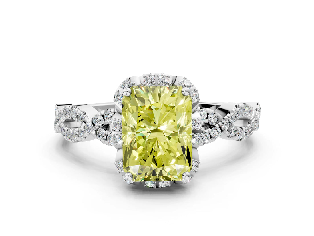 White gold Fancy Yellow Radiant  Halo Twist Band Solitaire Ring with Six-Prong Setting_3