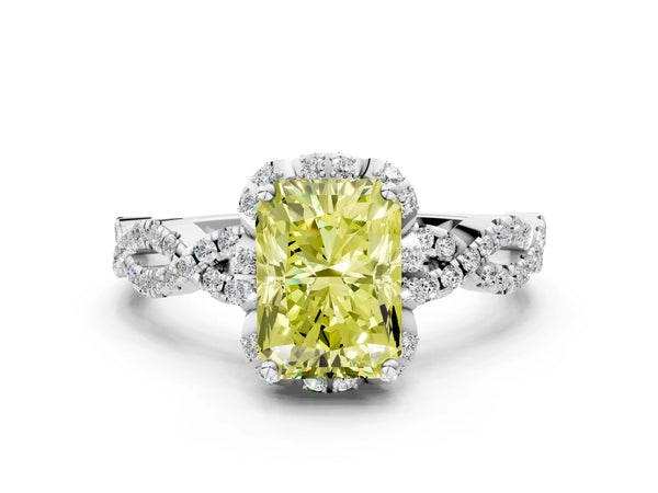 White gold Fancy Yellow Radiant  Halo Twist Band Solitaire Ring with Six-Prong Setting