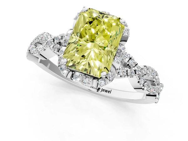 White gold Fancy Yellow Radiant  Halo Twist Band Solitaire Ring with Six-Prong Setting