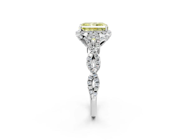 White gold Fancy Yellow Radiant  Halo Twist Band Solitaire Ring with Six-Prong Setting