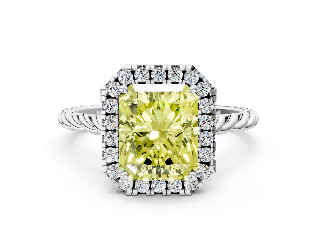 White gold Fancy Yellow Radiant  Halo Twisted Band Four-Prong Diamond Ring_20