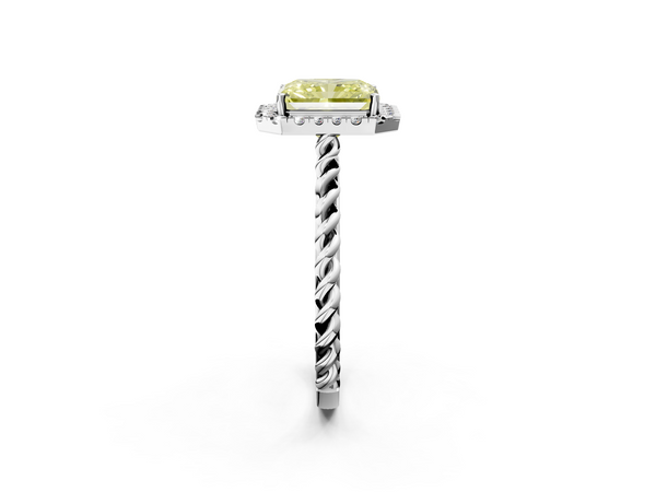 White gold Fancy Yellow Radiant  Halo Twisted Band Four-Prong Diamond Ring