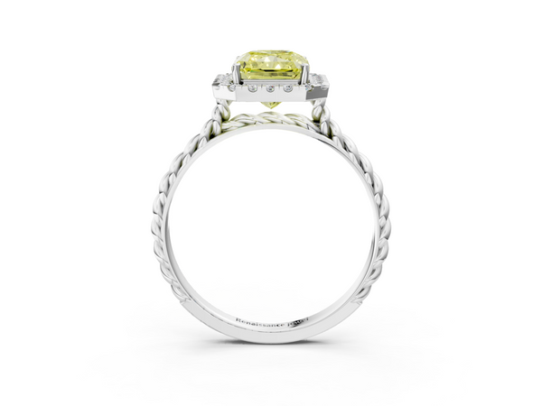 White gold Fancy Yellow Radiant  Halo Twisted Band Four-Prong Diamond Ring