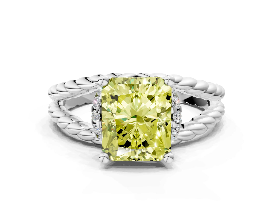 White gold Fancy Yellow Radiant  Halo Twisted Band Four-Prong Ring_32