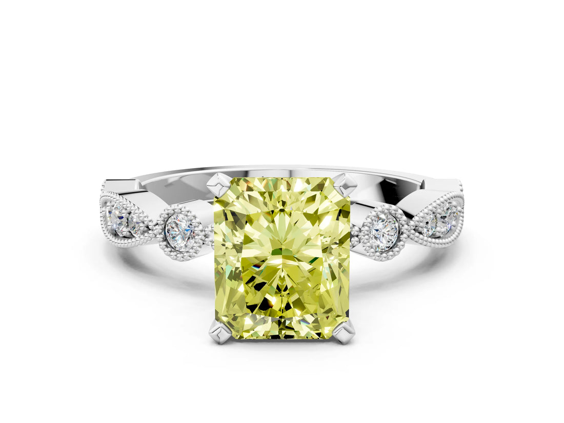White gold Fancy Yellow Radiant  Milgrain Bezel Diamond Engagement Ring with Solitaire Prong Setting_172