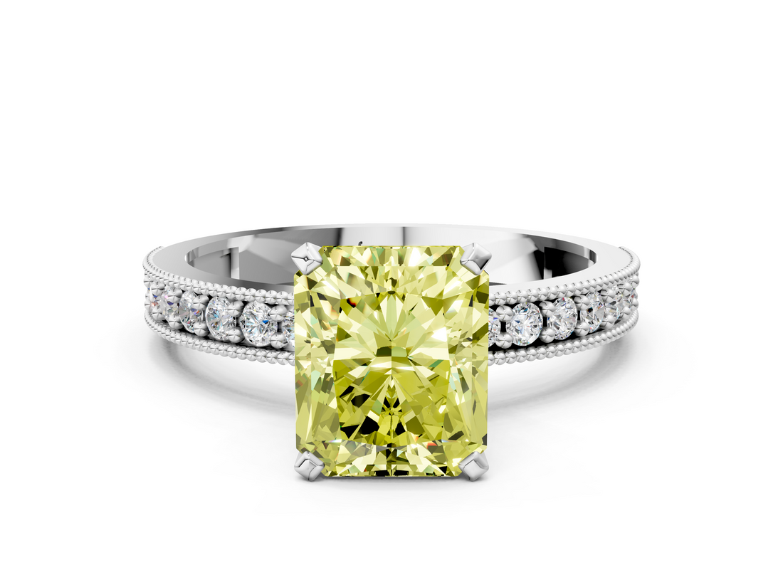 White gold Fancy Yellow Radiant  Milgrain Pave Diamond Engagement Ring with Four-Prong Setting_146