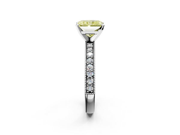 Platinum Fancy Yellow Radiant Cut Diamond Milgrain Pavé Engagement Ring with Four-Prong Setting