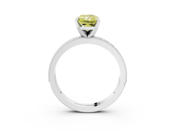 Platinum Fancy Yellow Radiant Cut Diamond Milgrain Pavé Engagement Ring with Four-Prong Setting