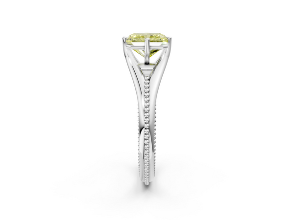 White gold Fancy Yellow Radiant  Solitaire Beaded Band Six-Prong Setting