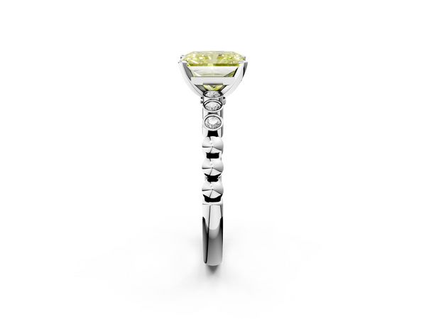 White gold Fancy Yellow Radiant  Solitaire Bezel Accent Diamond Engagement Ring with Beaded Band and Four-Prong Setting