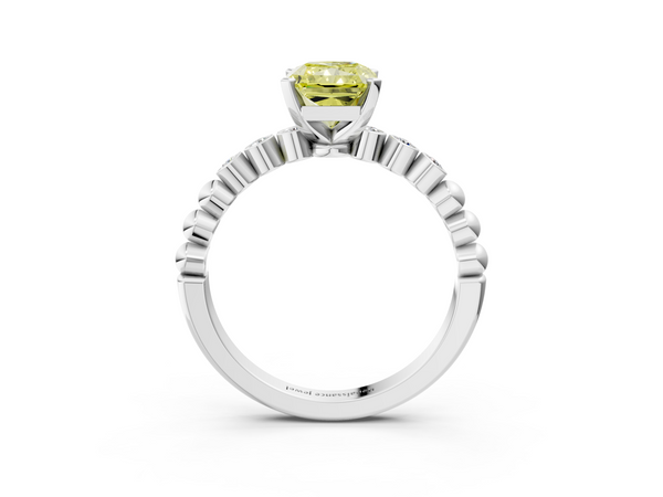 White gold Fancy Yellow Radiant  Solitaire Bezel Accent Diamond Engagement Ring with Beaded Band and Four-Prong Setting