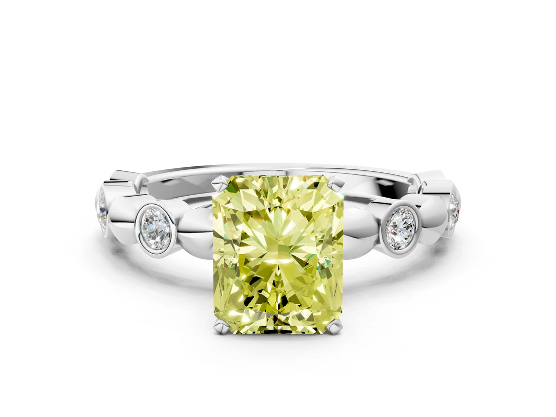 White gold Fancy Yellow Radiant  Solitaire Bezel-Set Diamond Ring with Beaded Band and Four-Prong Setting_50