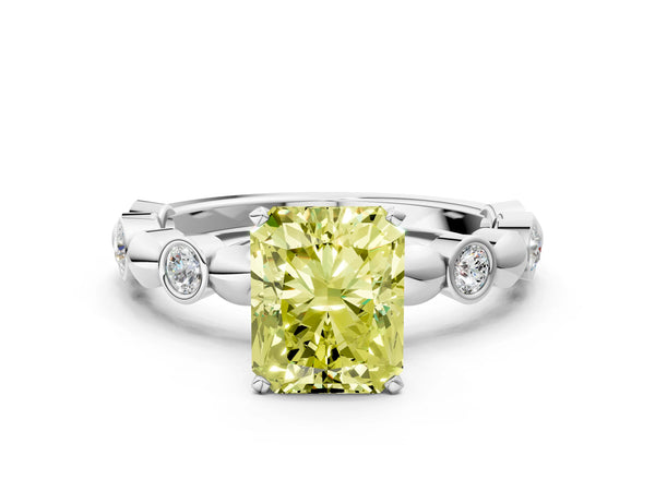 White gold Fancy Yellow Radiant  Solitaire Bezel-Set Diamond Ring with Beaded Band and Four-Prong Setting