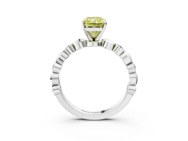 White gold Fancy Yellow Radiant  Solitaire Bezel-Set Diamond Ring with Beaded Band and Four-Prong Setting