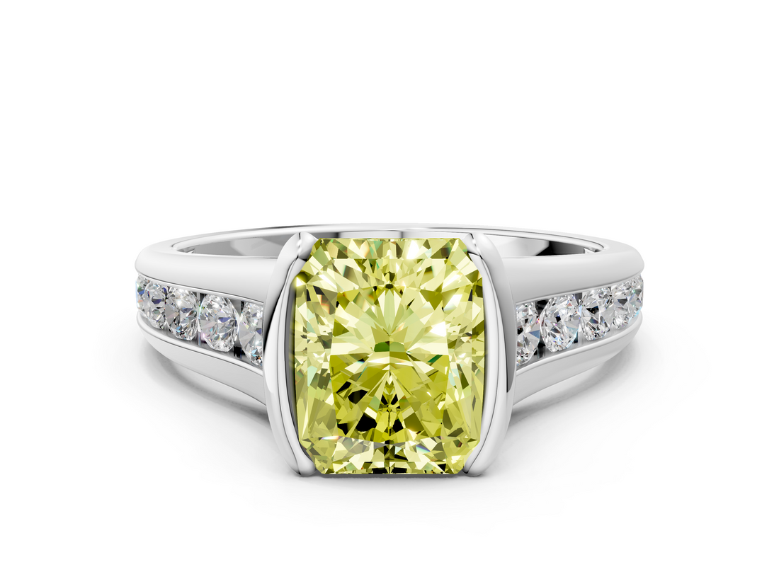 White gold Fancy Yellow Radiant  Solitaire Bezel-Set Diamond Ring with Channel-Set Band_37