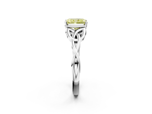 White gold Fancy Yellow Radiant Cut Diamond Solitaire Engagement Ring with Celtic Knot Band and Four-Prong Setting