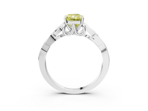 White gold Fancy Yellow Radiant Cut Diamond Solitaire Engagement Ring with Celtic Knot Band and Four-Prong Setting