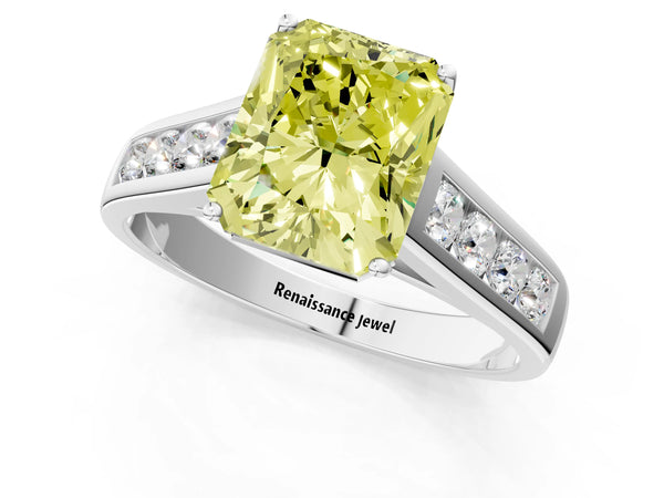 Platinum Fancy Yellow Radiant  Solitaire Channel-Set Diamond Engagement Ring with Four-Prong Setting