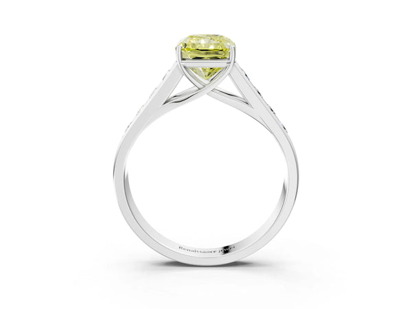 Platinum Fancy Yellow Radiant  Solitaire Channel-Set Diamond Engagement Ring with Four-Prong Setting