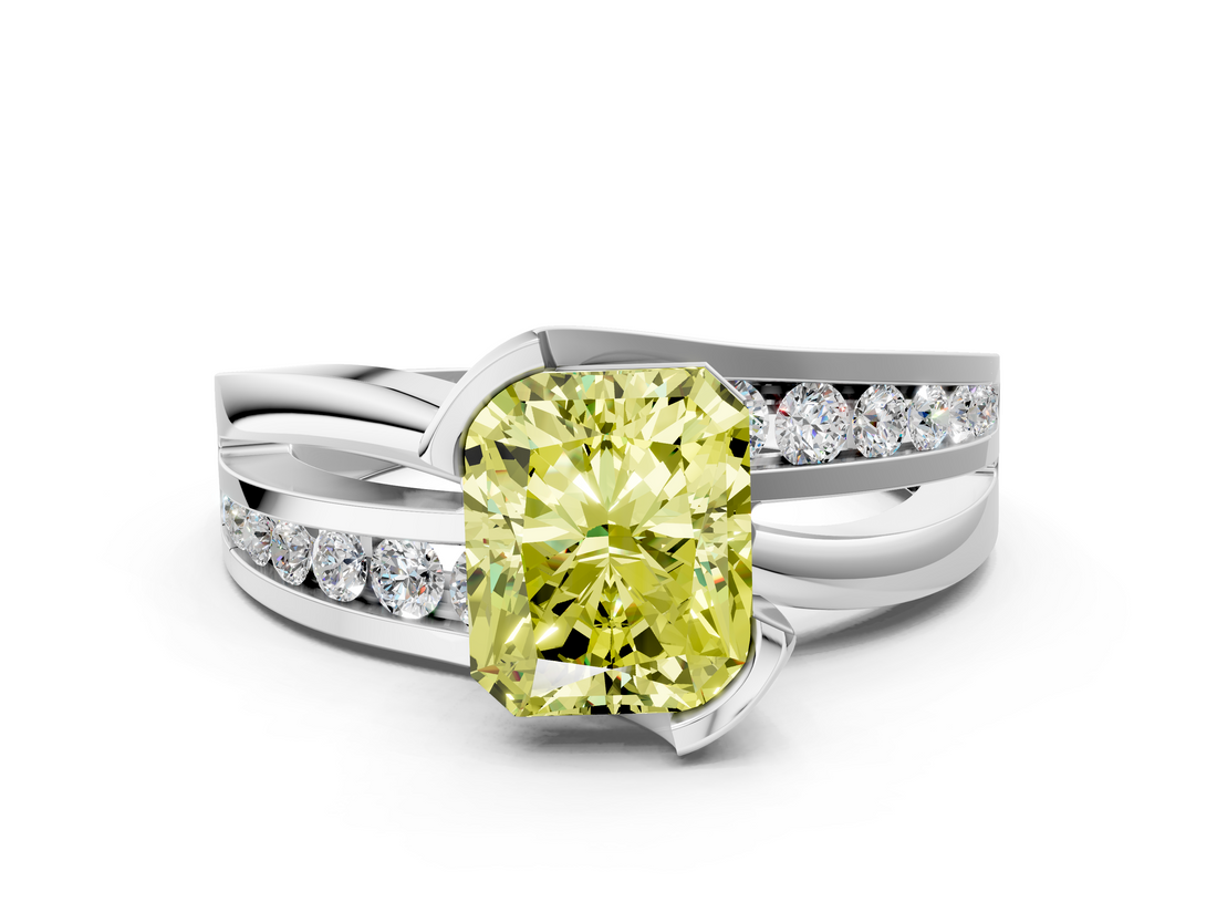 White gold Fancy Yellow Radiant  Solitaire Channel-Set Split Shank Ring with Tension Prong Setting_3