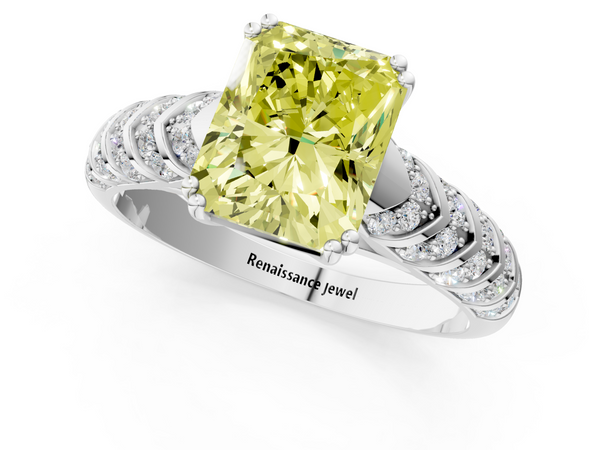 Platinum Fancy Yellow Radiant  Solitaire Chevron Pave Diamond Engagement Ring with Six-Prong Setting