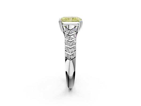 Platinum Fancy Yellow Radiant  Solitaire Chevron Pave Diamond Engagement Ring with Six-Prong Setting